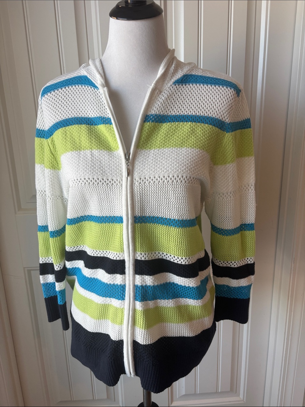 Christopher & Banks White Hooded Zip Cardigan with Blue, Lime & Black Stripes